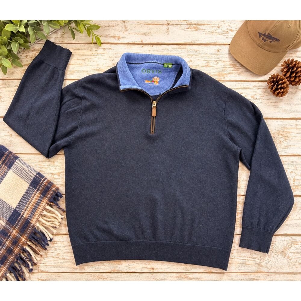 Orvis Men’s XL 100% Merino Wool Navy Blue Quarter Zip Sweater